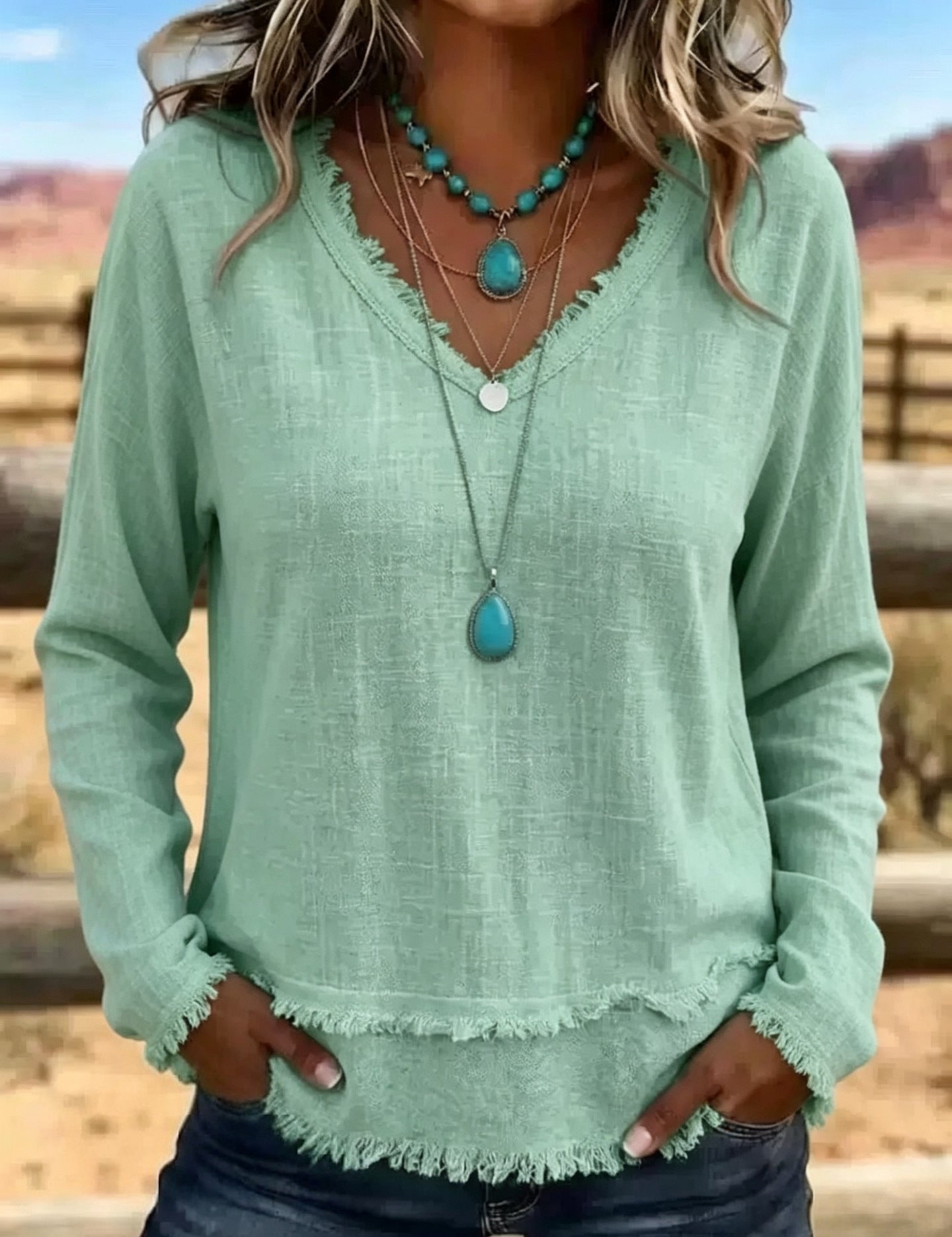 Isabelle Rousseau | Frayed V-Neck Long Sleeve Top For Women