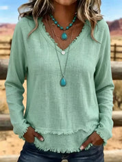Isabelle Rousseau | Frayed V-Neck Long Sleeve Top For Women