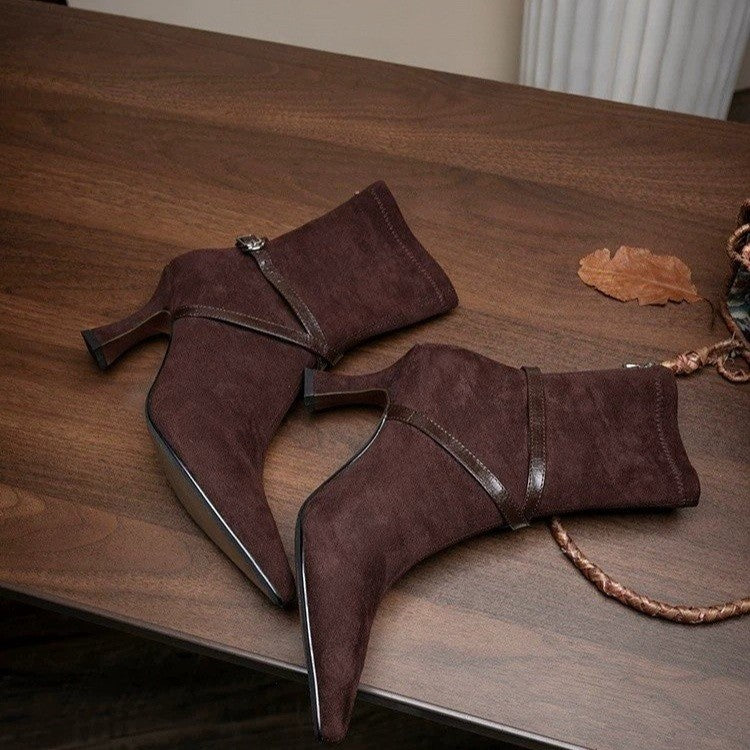 Rosalind Duquesne | Suede Stiletto Ankle Boots With Buckle Strap