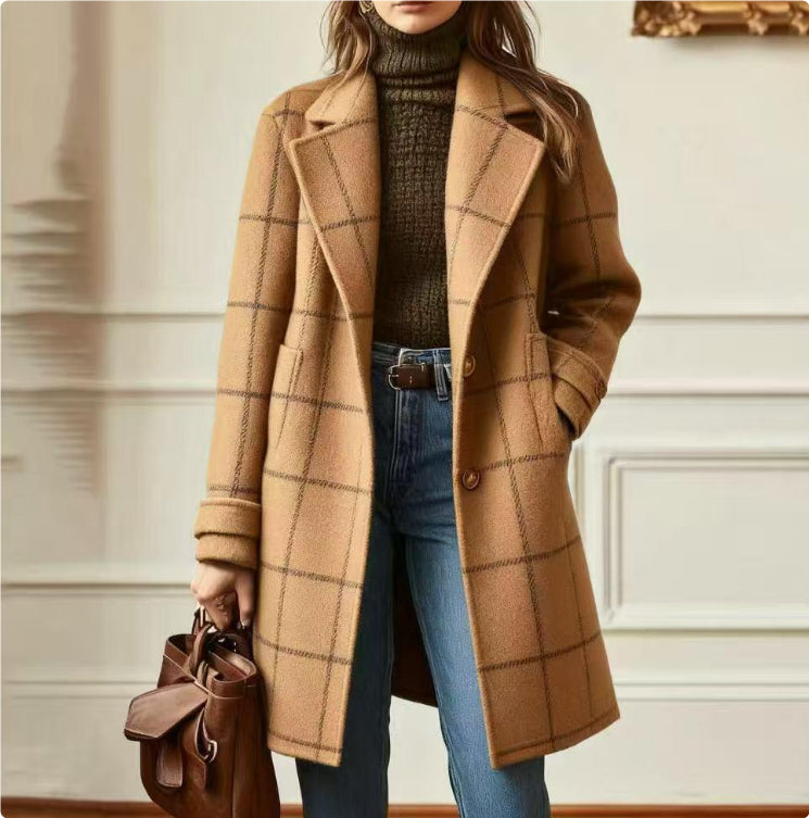 June Henfield | Plaid Notch Lapel Mid-Length Coat For Women