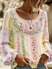 Colette Rimbaud | Retro Bohemian Floral Linen Blouse For Women