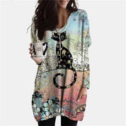 Nathalie Beauregard | Cat Print Long Sleeve Tunic Top For Women