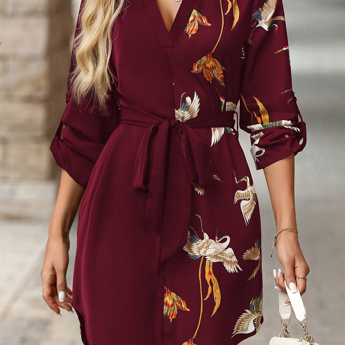 Émilie Sarrault | Belted Crane Print Mini Shirt Dress