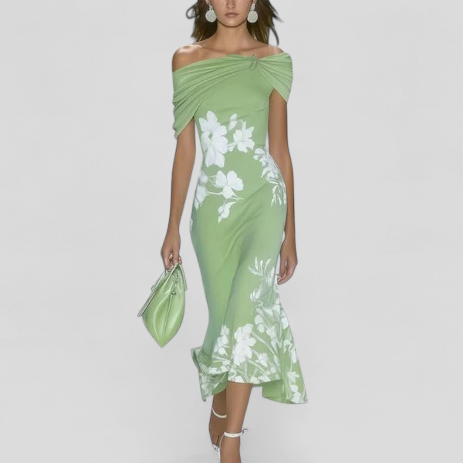 Celeste Normandy | Green Floral Off-Shoulder Midi Dress