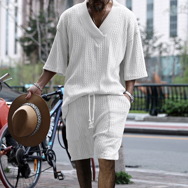 Tanner Ironwood | White Cable Knit T-Shirt & Shorts Set For Men