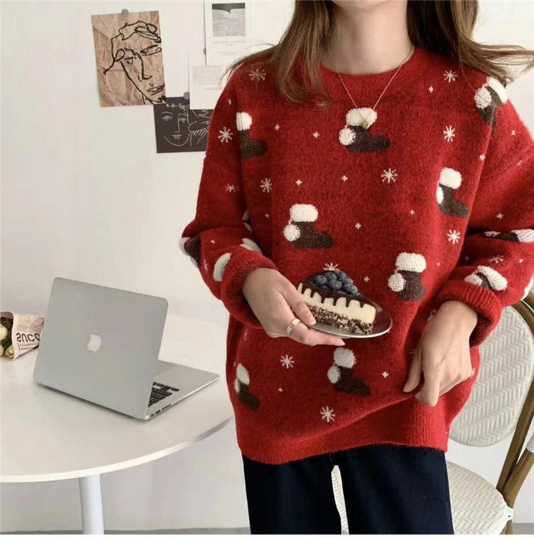 Solène Fairchild | Red Stocking Print Christmas Sweater For Women