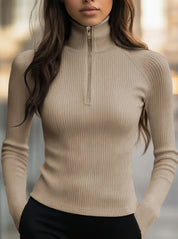 Ines Chatelain | Ribbed Knit Zip Turtleneck Top For Women