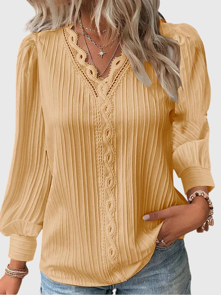 Céleste Fontaine | Yellow Lace Trim V-Neck Pullover Blouse