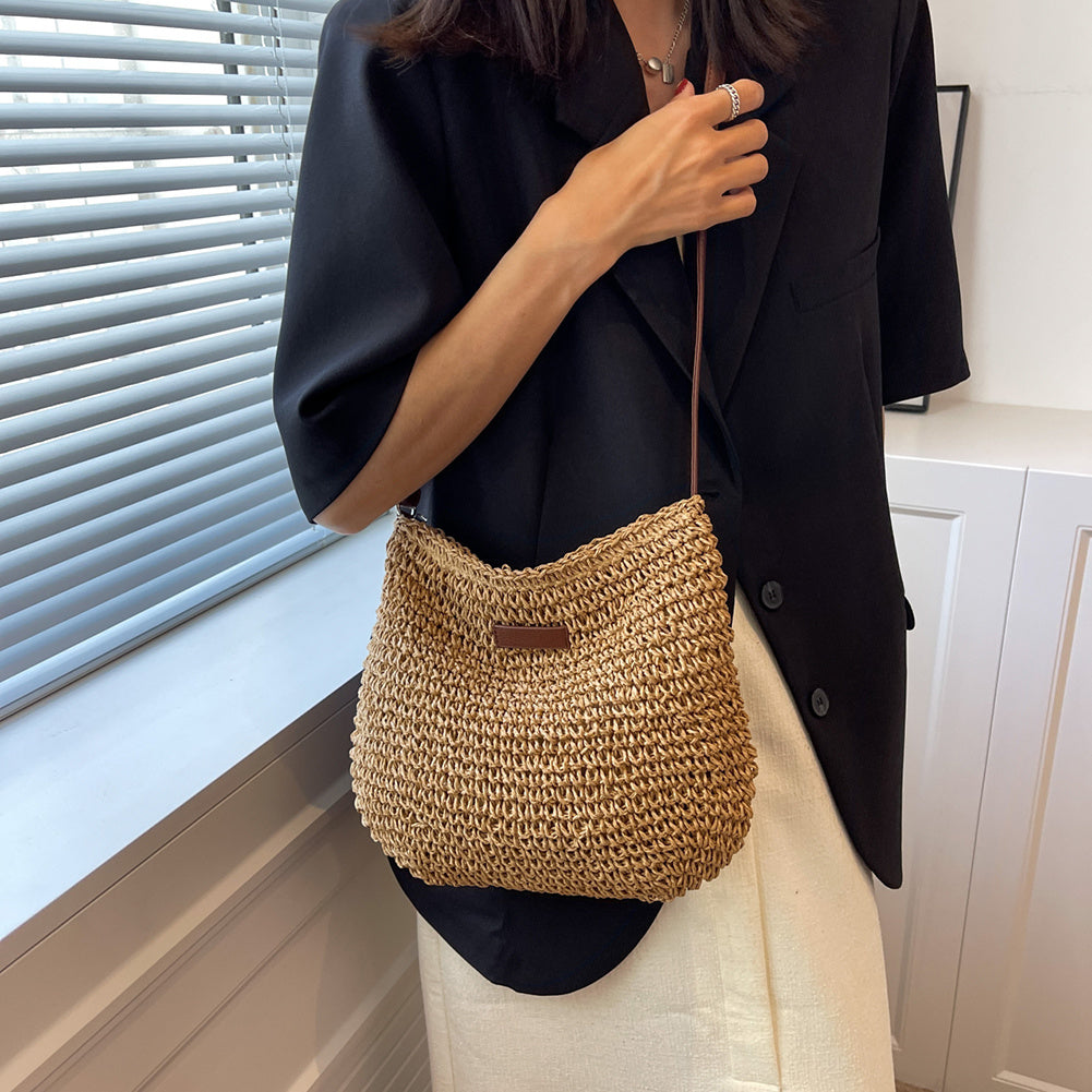 Evangeline Trentworth | Woven Straw Shoulder Bag in Natural Beige