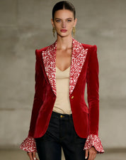 Henny Sungate | Leopard Lapel Flared Cuff Velvet Blazer For Women