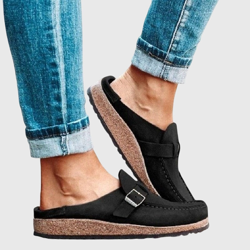 Cordelia Wrenshaw | Suede Buckle Clog Flats for Women