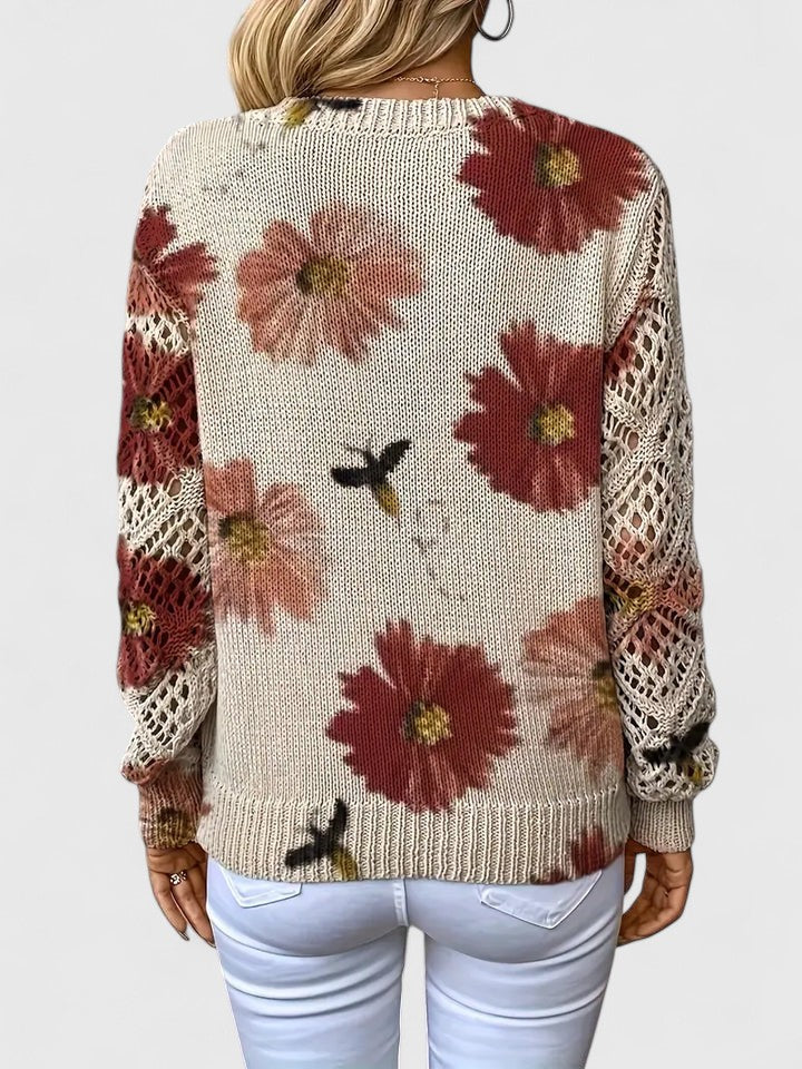 Rosalinde Fonteclair | Floral Knit V-Neck Sweater with Lace Sleeves