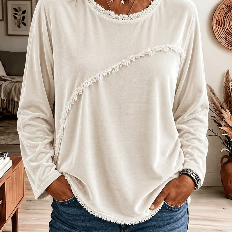 Solene Fairhaven | Tassel-Trim Velvet Long Sleeve Top For Women