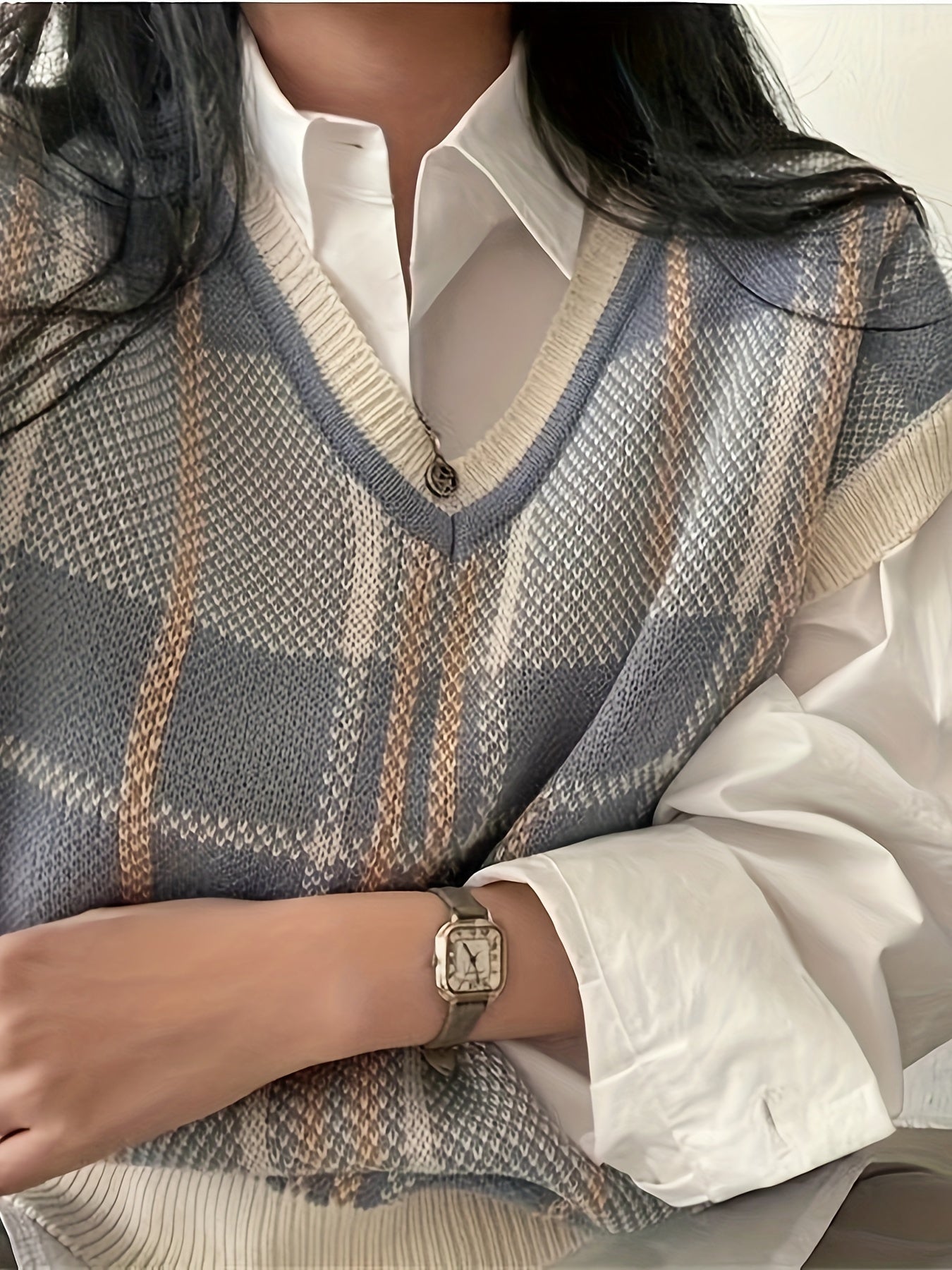 Margaux Delaroche | Vintage Plaid V-Neck Sweater For Women