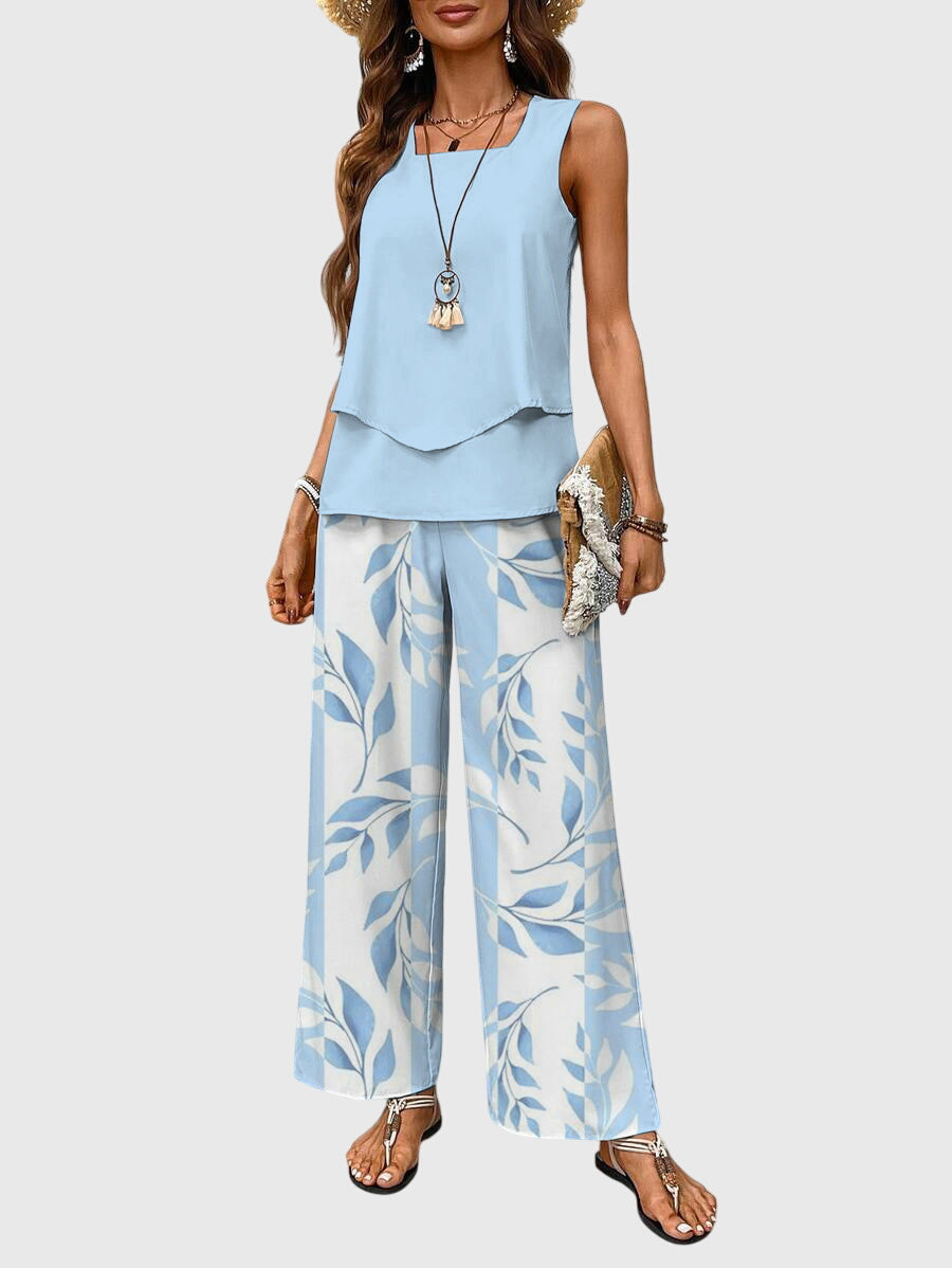 Portia Delacombe | Blue Leaf Print Sleeveless Two-Piece Set