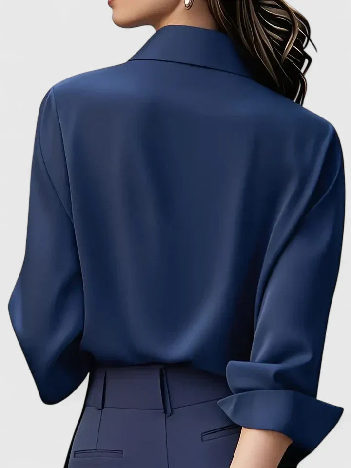 Vivienne Hartwell | Navy Blue Satin Long-Sleeve Button-Down Shirt