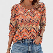 Francine Bellvaux | White Smocked Cuff 3/4 Sleeve Crew Neck Top