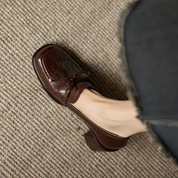 Leticia Beauvigne | Black Patent Tassel Loafer Block Heel Pump