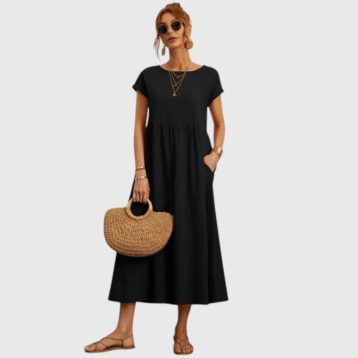 Rosalind Evermore | Navy Blue Cap Sleeve Midi Dress with Pockets
