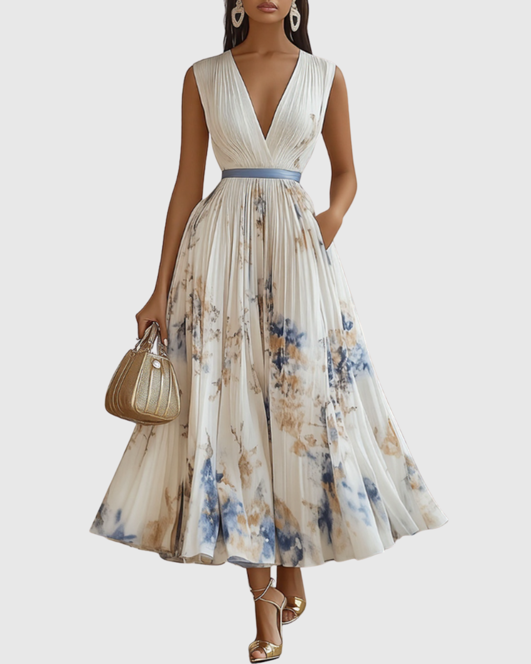 Lucienne Hartwell | Floral Pleated Midi Dress with V-Neck