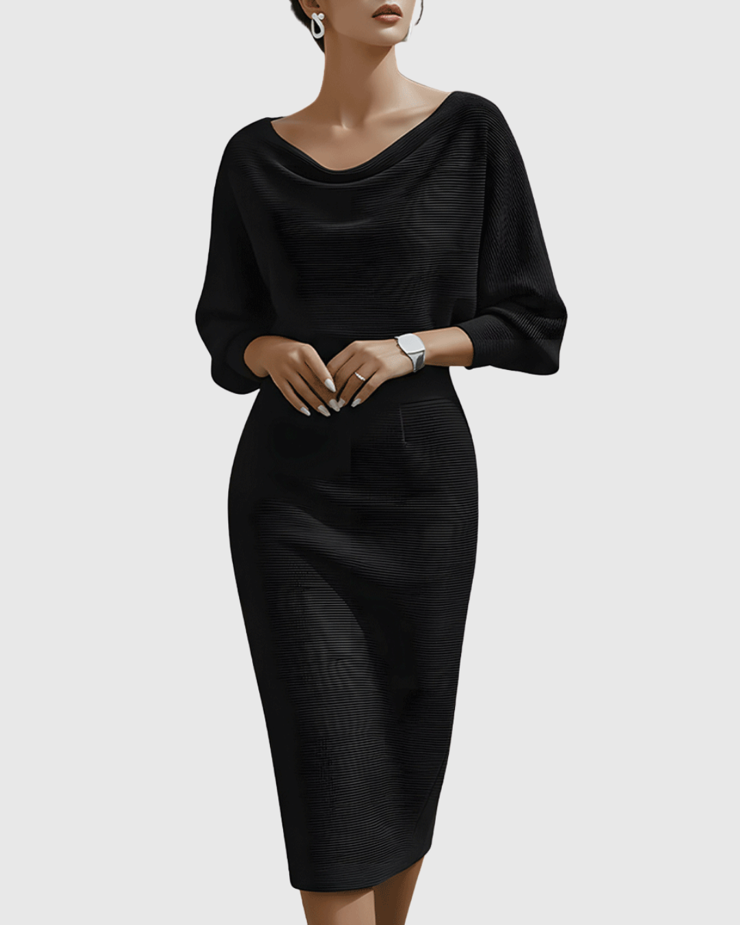 Célindra Beauvaux | Navy Blue Draped Batwing Midi Dress