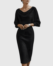 Audrina Velmonte | Black Ribbed Cowl Neck Batwing Midi Dress