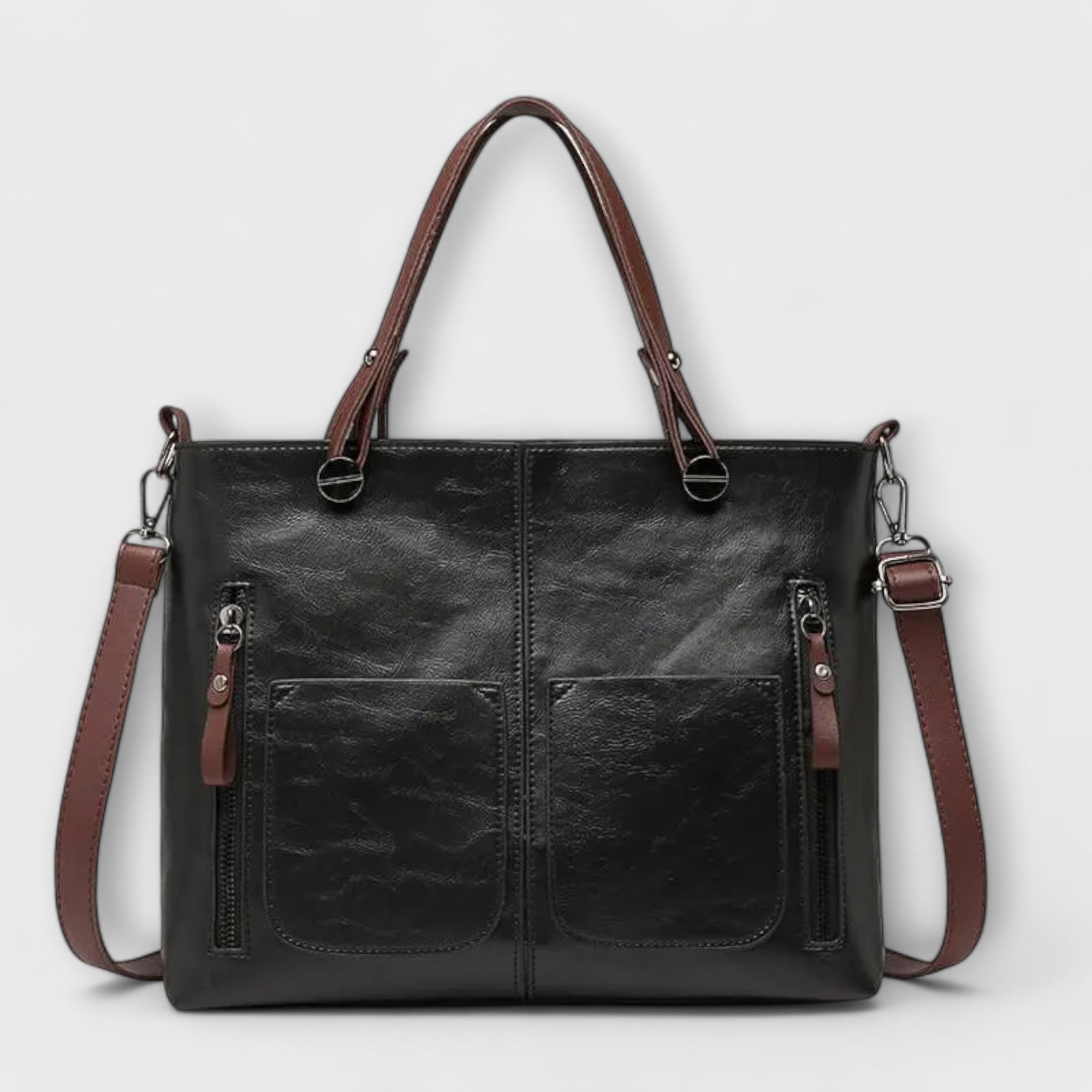 Genevieve Stourcourt | Brown Faux Leather Tote Bag with Front Pockets