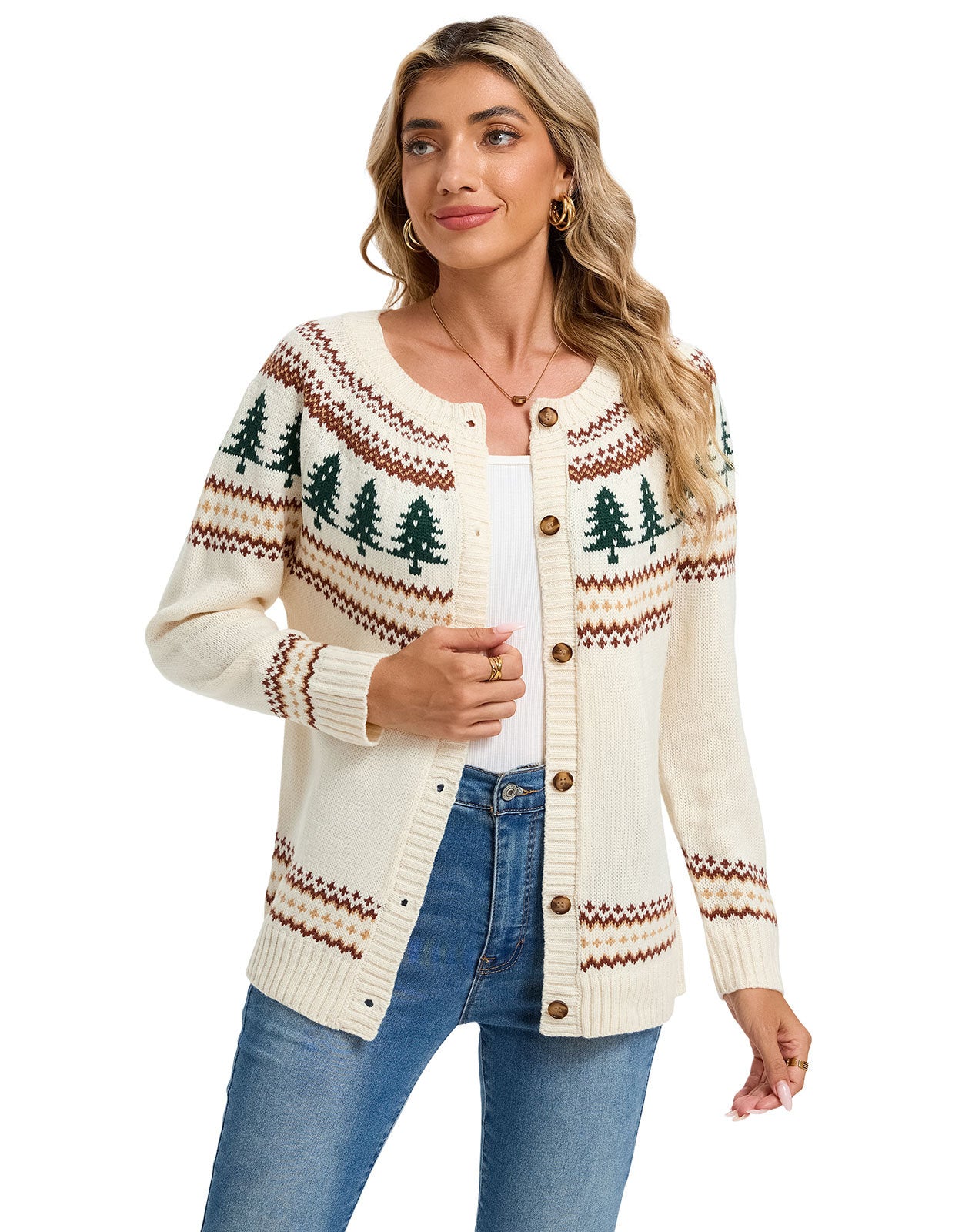 Eloise Fontaine | Christmas Tree Jacquard Sweater Cardigan For Women