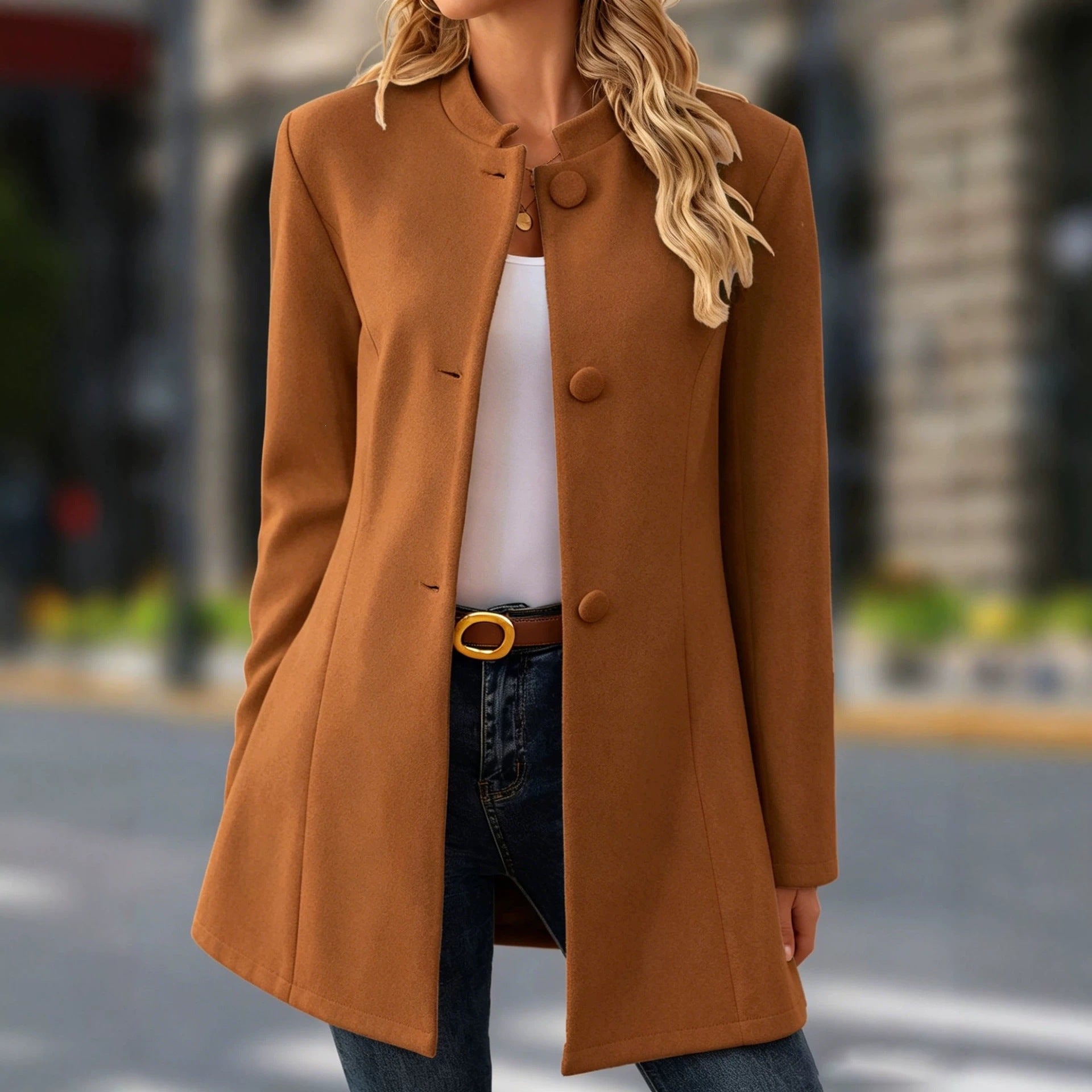 Valencia Morley | Mid-Length Stand Collar Wool-Look Coat For Women