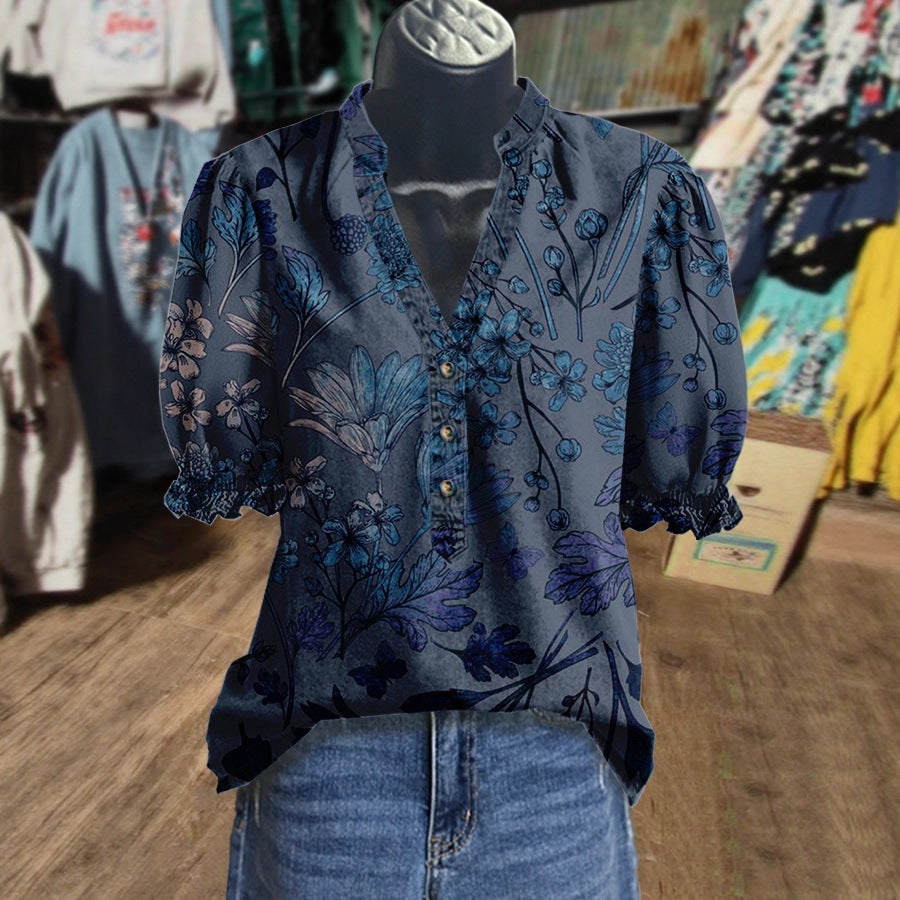 Sylvie Montclair | Floral Print V-Neck Blouse For Women