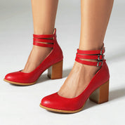 Mathilde Renoncourt | Tan Block Heel Sandal with Double Ankle Strap