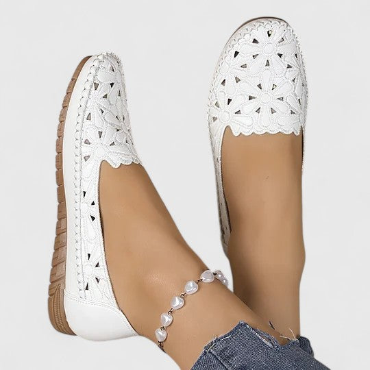 Celestine Fairvaux | White Hollow-Cut Slip-On Flat Loafers