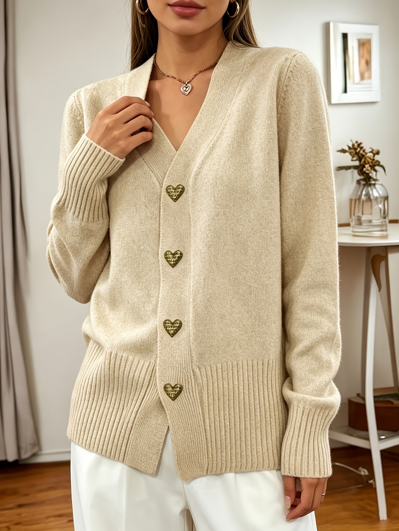 Mireille Costanzo | Heart-Button V-Neck Cardigan For Women