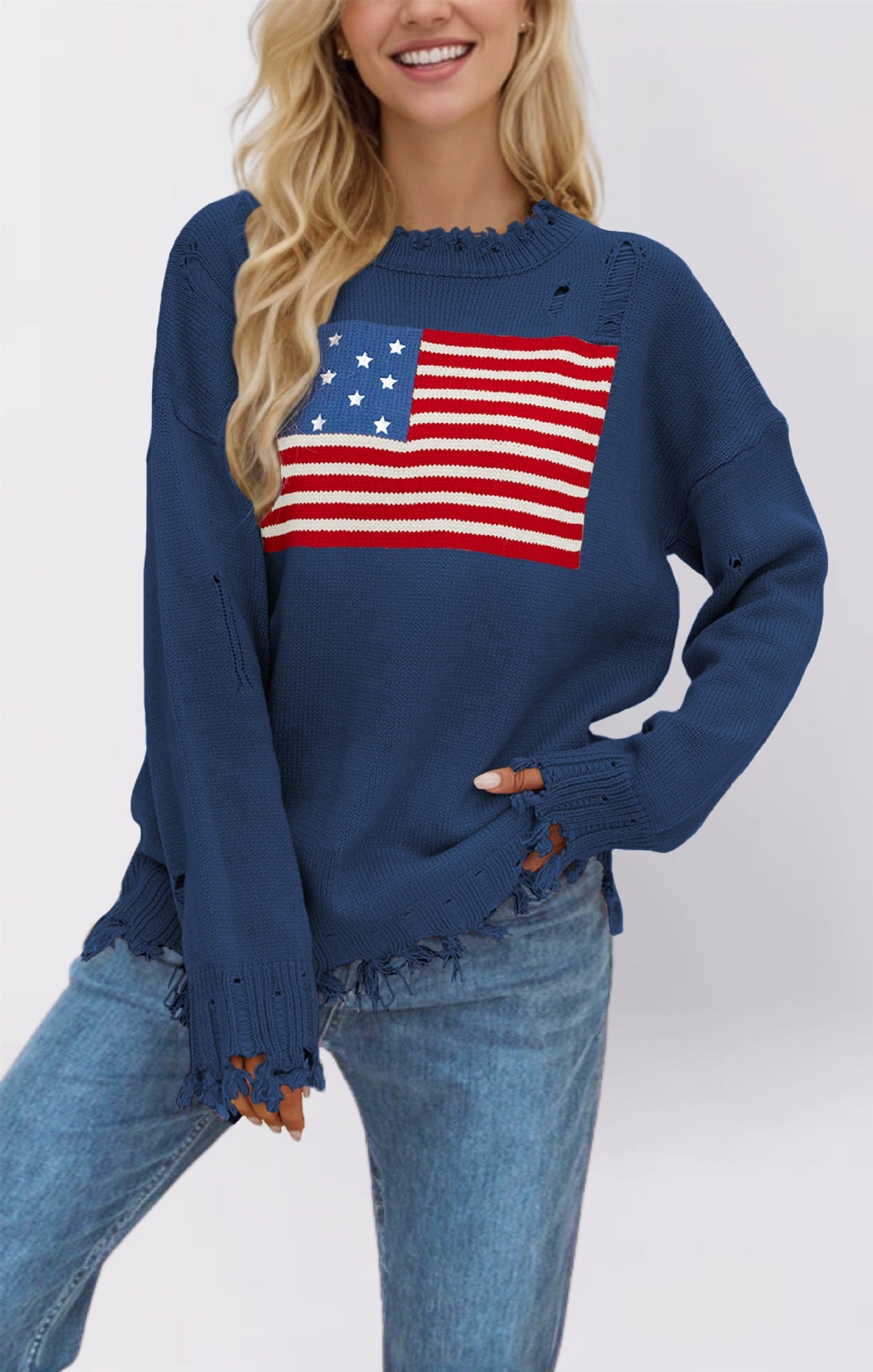 Renée Stafford | American Flag Distressed Knit Sweater For Women