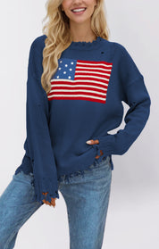 Renée Stafford | American Flag Distressed Knit Sweater For Women