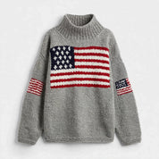 Vivienne Gravelle | Grey Chunky Knit Flag Veterans Day Sweater For Women