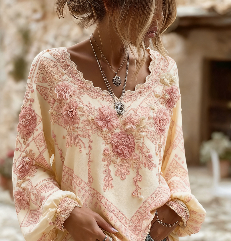 Ines Delacourt | Floral Embroidered Boho Blouse For Women