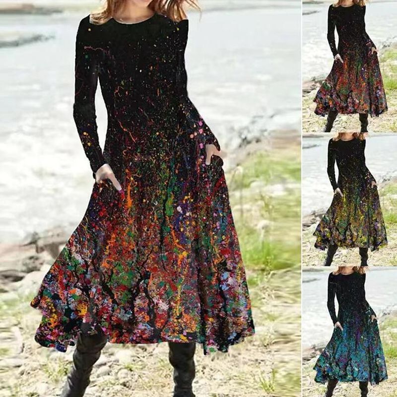 Odette Lavigne | Abstract Print Long Sleeve Maxi Dress For Women