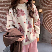 Snowy Eve | Red Tree Jacquard Christmas Sweater For Women