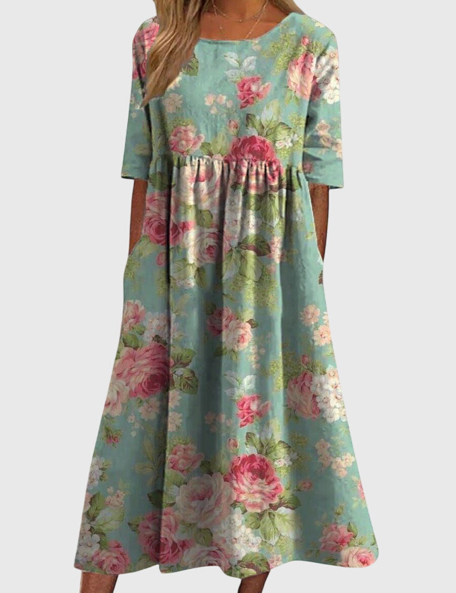 Rowena Beauclaire | Blue Floral Midi Dress with Half Sleeves