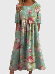 Rowena Beauclaire | Blue Floral Midi Dress with Half Sleeves