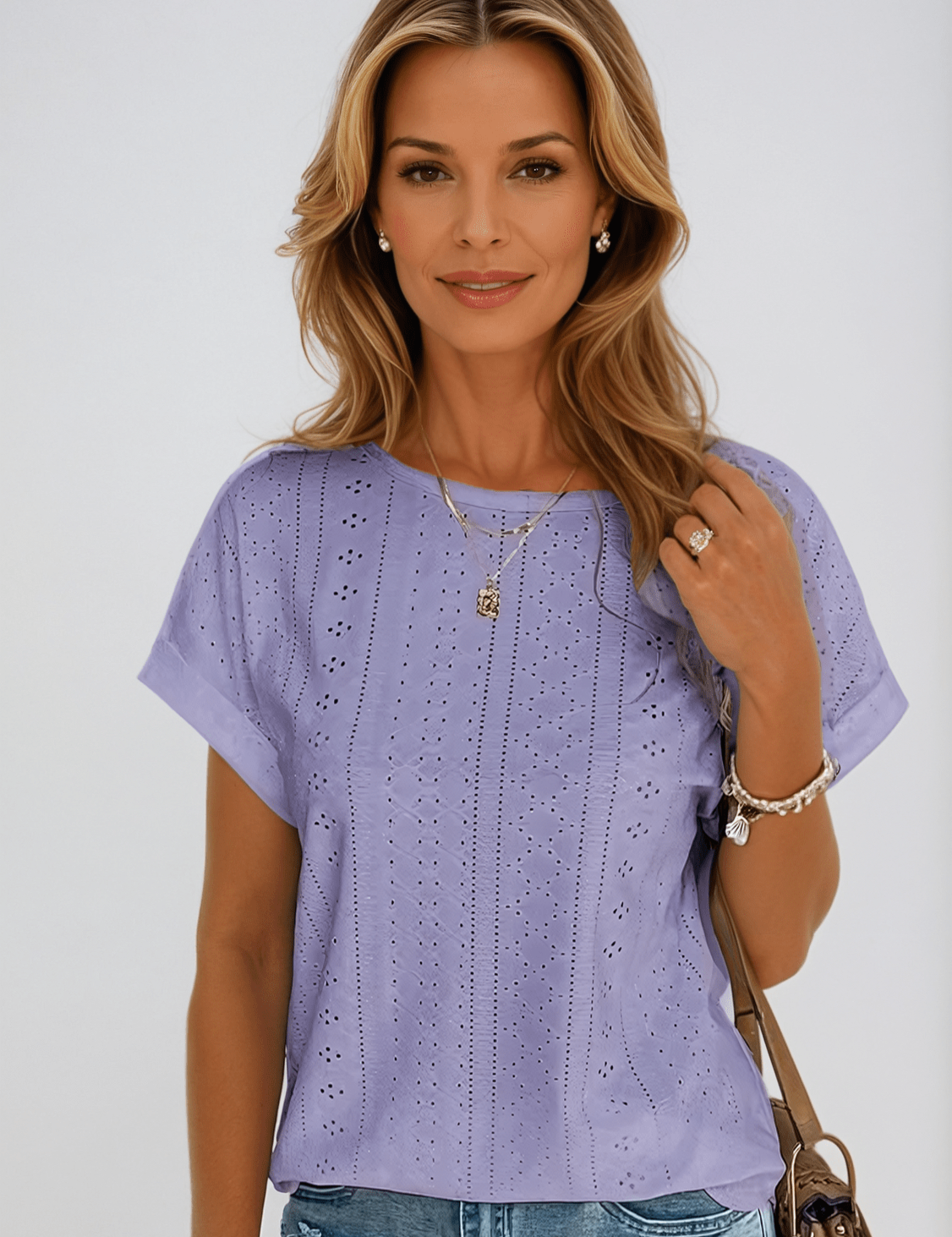 Camille Rosemont | White Eyelet Embroidered Crew Neck Short Sleeve Top