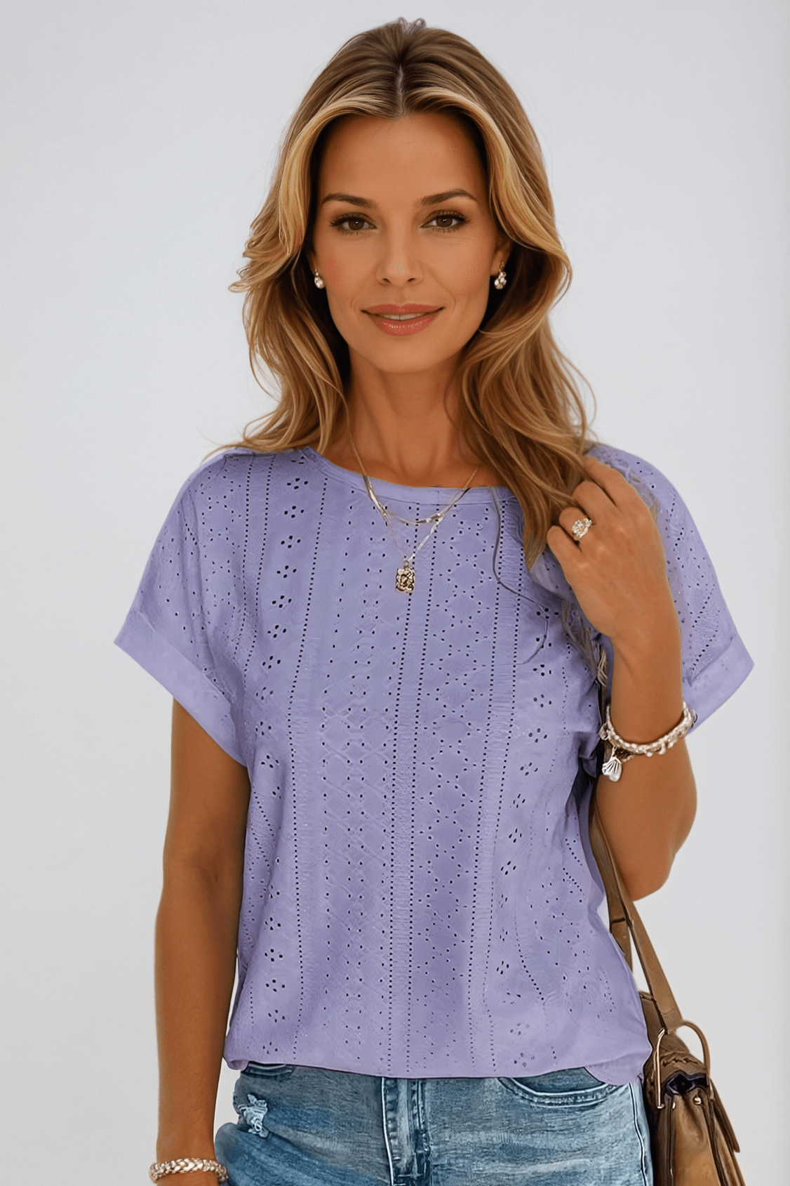 Camille Rosemont | White Eyelet Embroidered Crew Neck Short Sleeve Top