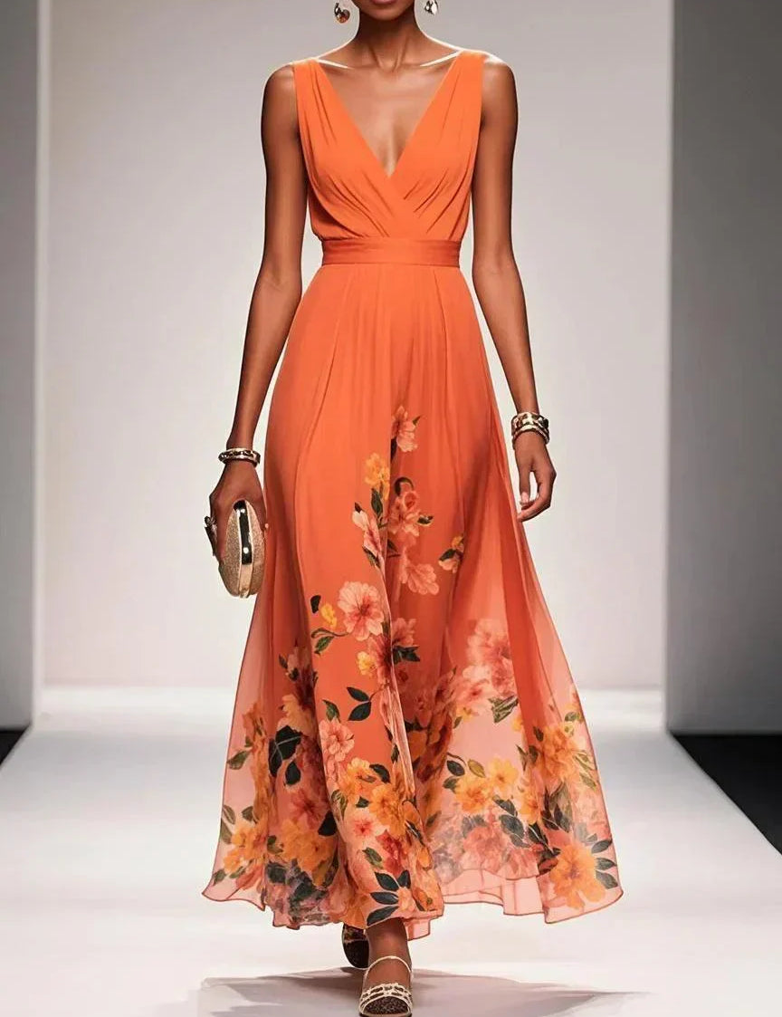 Celestine Dawnmore | Light Blue Floral Maxi V-Neck Dress