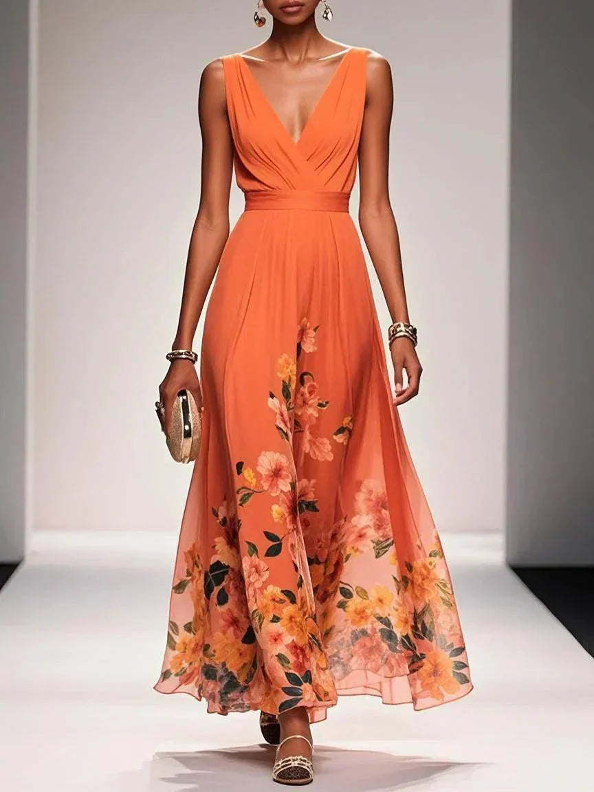 Celestine Dawnmore | Light Blue Floral Maxi V-Neck Dress