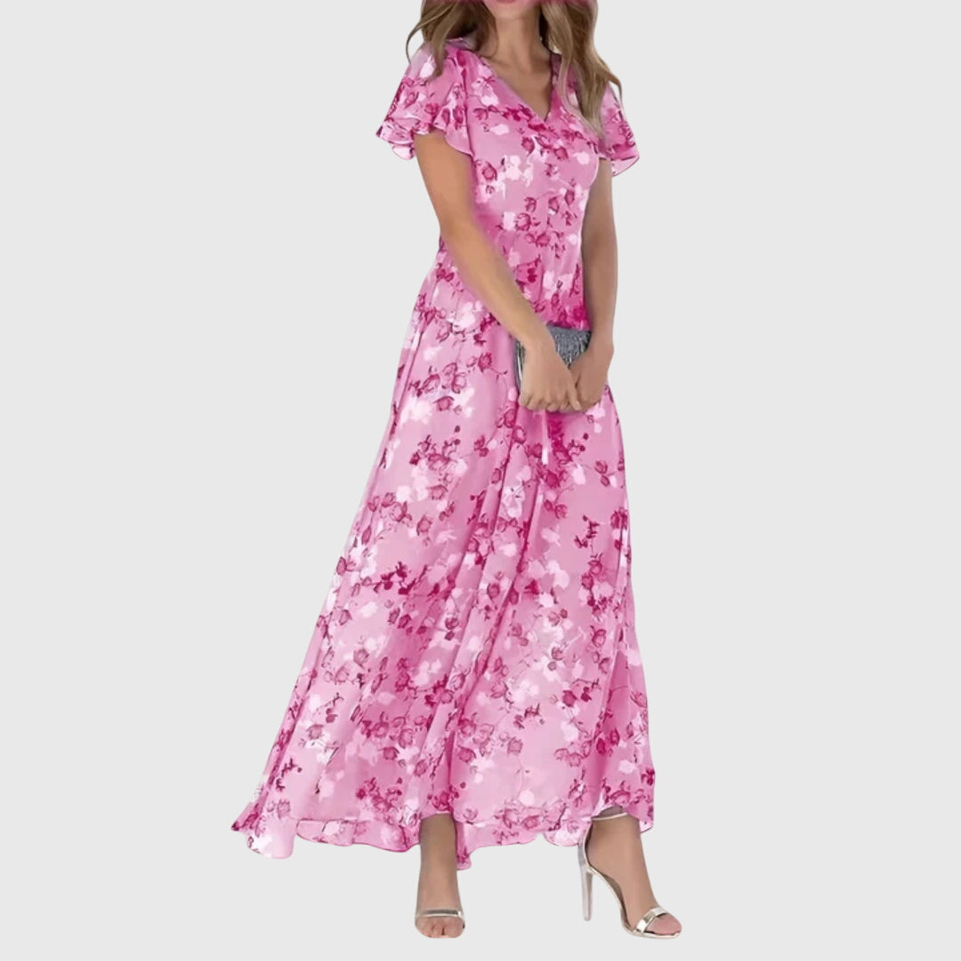Rosalinda Vaumont | Peach Floral Maxi Dress with Flutter Sleeves
