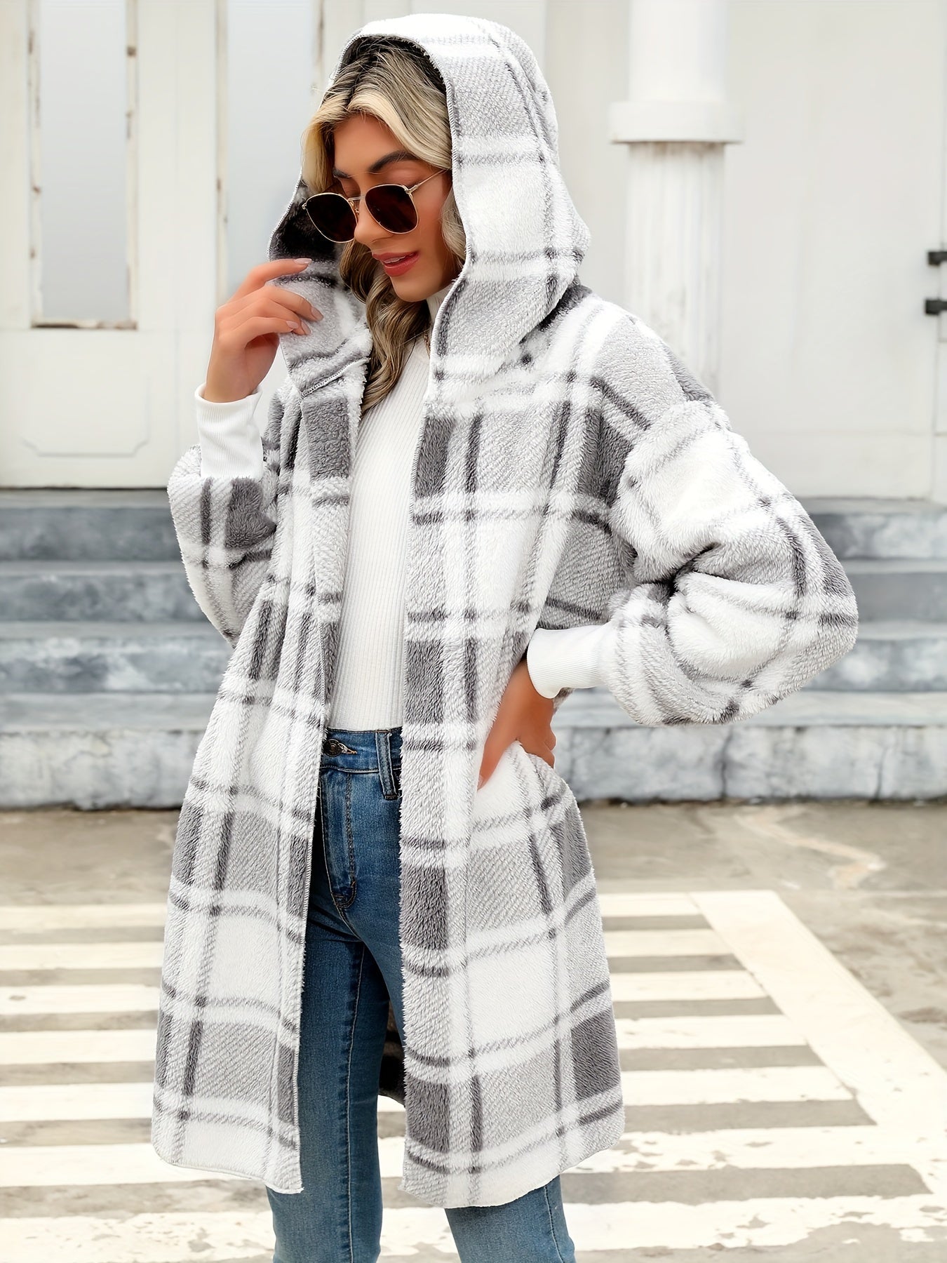 Mathilde Corvin | Plush Plaid Hooded Cardigan For Women
