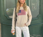 Valentina Fairchild | Cream Knit Veterans Day Sweater With Flag Patch For Women