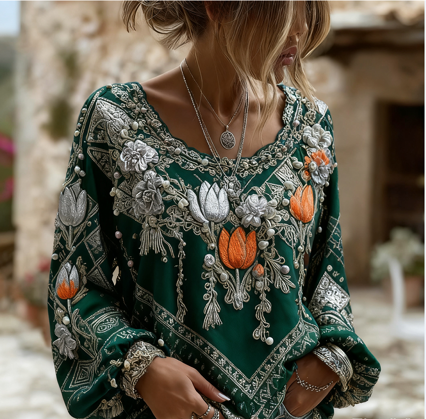 Ines Delacourt | Floral Embroidered Boho Blouse For Women
