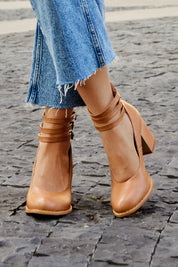 Mathilde Renoncourt | Tan Block Heel Sandal with Double Ankle Strap